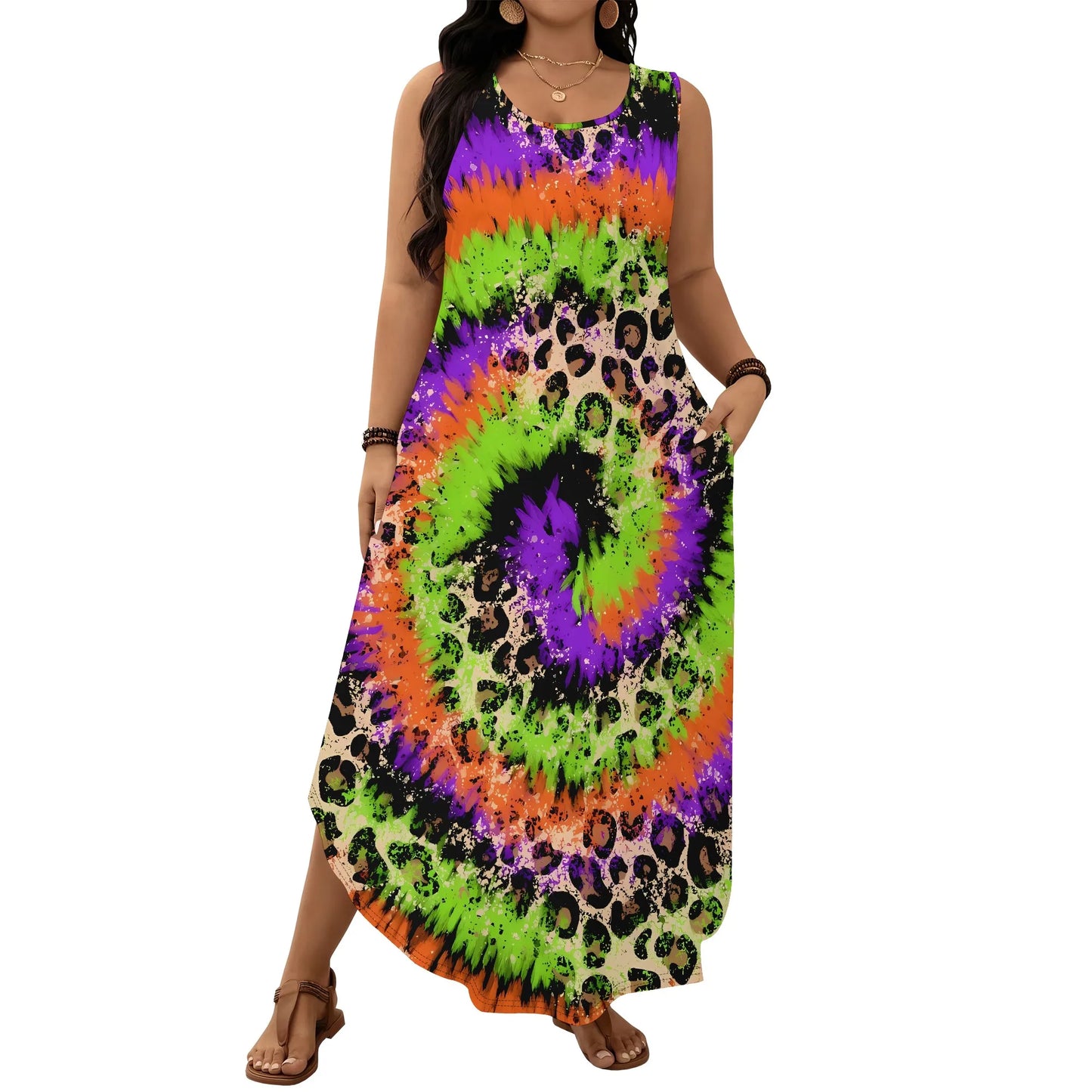 Maxy Plus Size Sleeveless Leopard Print Maxy Dress Gradient Colorful Summer Casual Beach Holiday Sundress