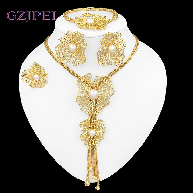 Maxy Latest Jewelry Set For Women Luxury Design Dubai Nigeria Trending Necklace Earrings Ring Bracelet Imitation Pearl