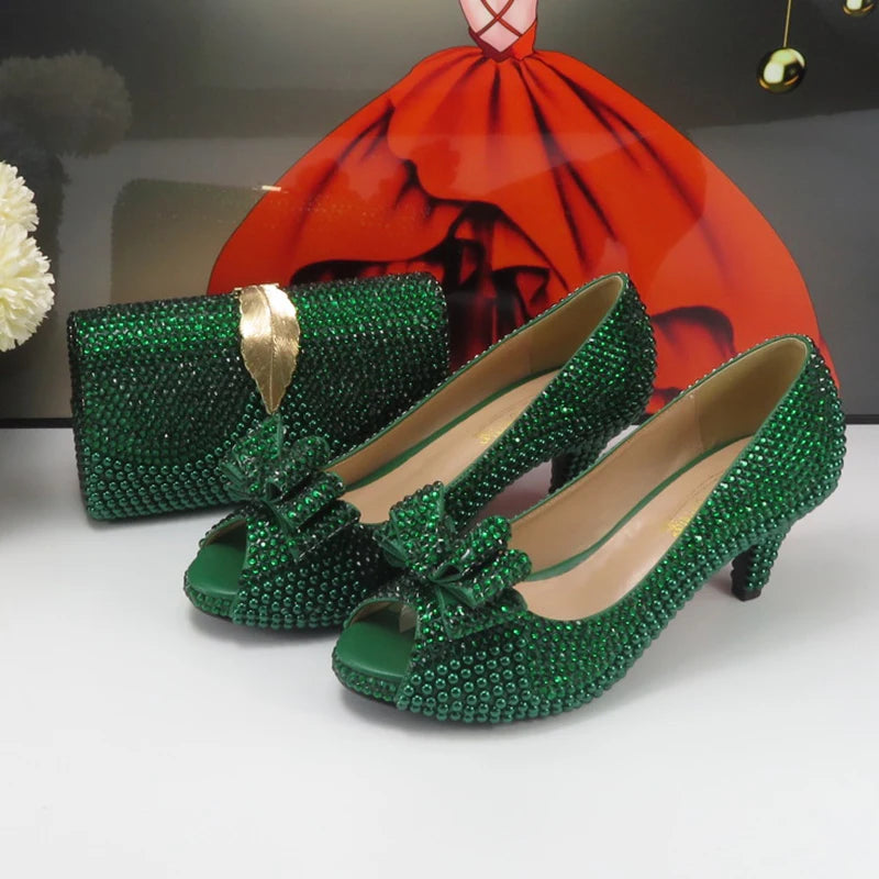 Max Green Pearl Bridal Wedding shoes and purse for Women Fashion Peep Toe High Pumps Evening Party Shoe and bag Open Toe