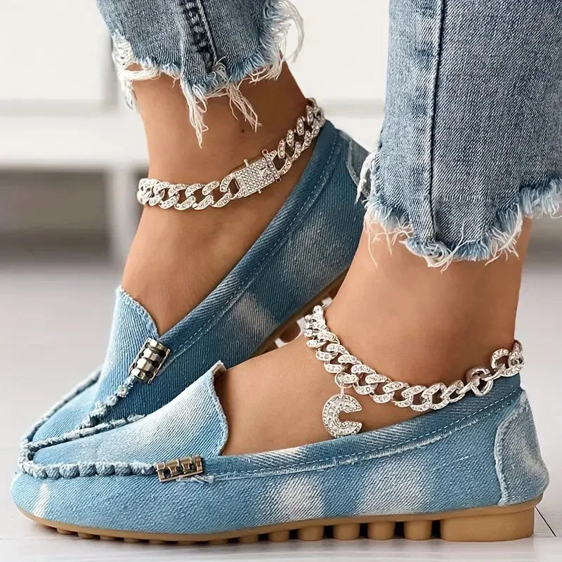 Maxy New Women Casual Flat Shoes Spring and Autumn Flat Loafers Shoes Fashion Non-slip Soft Round-toe Denim Flat Sneakers Women