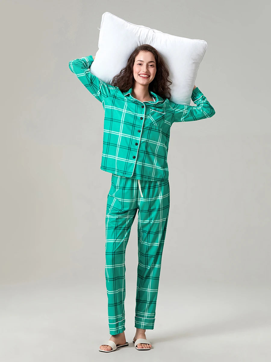 Christmas Family Pajamas Matching Set Plaid Print Long Sleeve Tops and Drawstring Pants Sleepwear