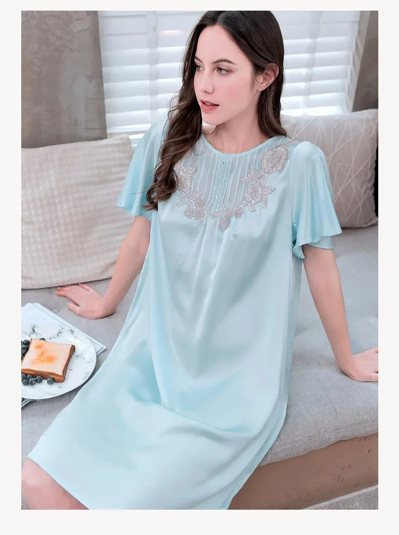 Maxy 100% Mulberry Silk Short Sleeve Nightgowns Women Loose Elegant Nightdress Nightwear Room Wear One Piece Ladies Summer Sleepwear