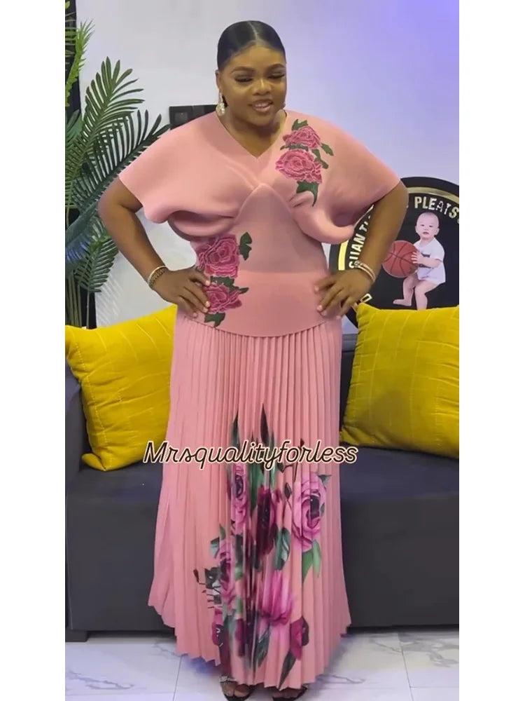 Amay Design Sense Fashionable Heavy Industry Printed Short Sleeve Waist Thin Organ Pleated Splicing Printed Dress 2AN5106