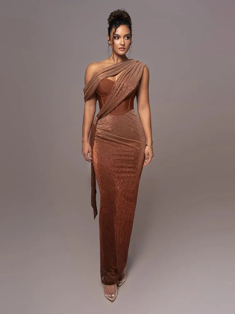 Maxy Sexy One Shoulder Draped Glitter Long Dress Women Brown Corset Sparkly Backless Bodycon Maxy Dresses Evening Party Gowns