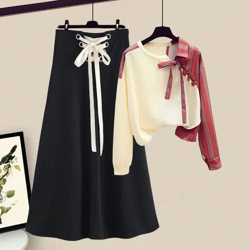 Maxy Casual Drawstring Bow Matching Sets Spring Autumn Fashion Asymmetrical Patchwork Female Clothing Two Piece Set Basic Dress Sets