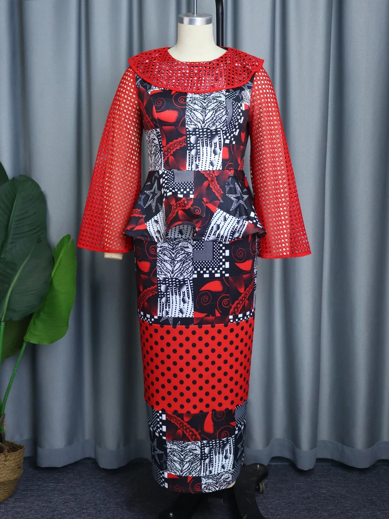 Printed Dress Women Floral 2024 Black Long Party Hollow Out Robes Patchwork Ruffle See Through Vintage Celebrate Occasion Gown