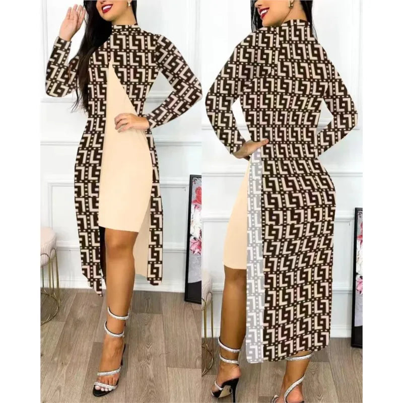 Maxy Two Piece Set Women Print Dresses Sets Full Sleeve Half High Collar Split Cardigan Dress Suits Elegant A Line Office Lady
