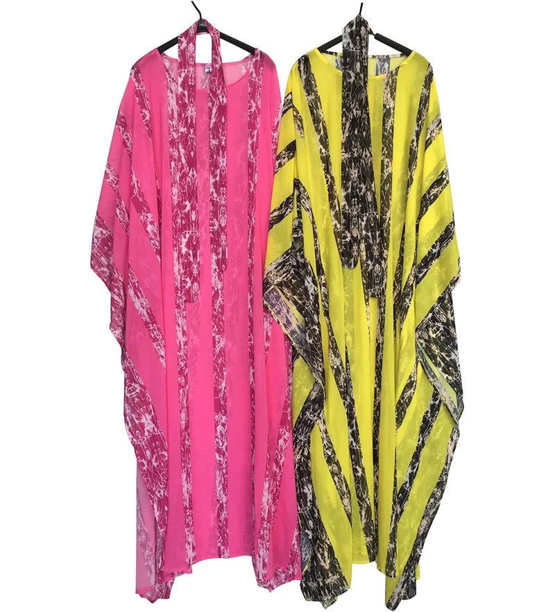 Maxy Abaya For Women Muslim Chiffon Printed   Bat-Sleeve Stripe Long Dresses With Belt Summer Gorgeous Dashiki  Dress