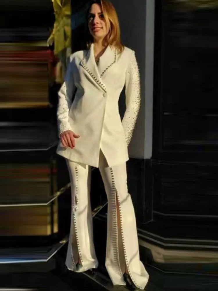 Amay HIGH STREET Newest Designer Suit Set Women's Stunning Diamonds Metal Ball Beaded Slit Pants Suit 2pcs
