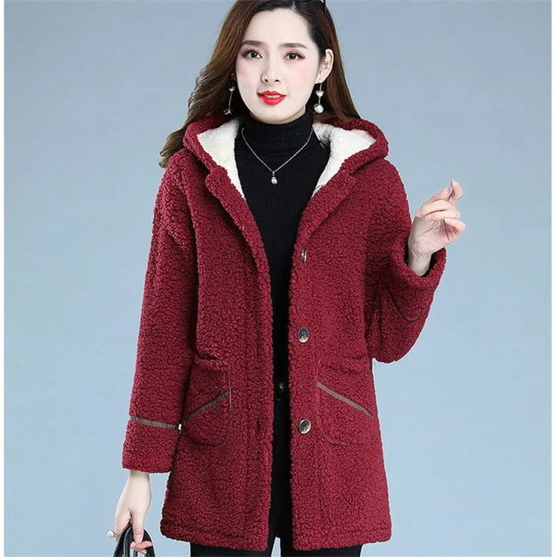 Maxy Mother Winter Warm Coat New Fashion Middle-Aged Women's Autumn Thick Velvet Jacket Thick Hooded Padded Jacket Female Button