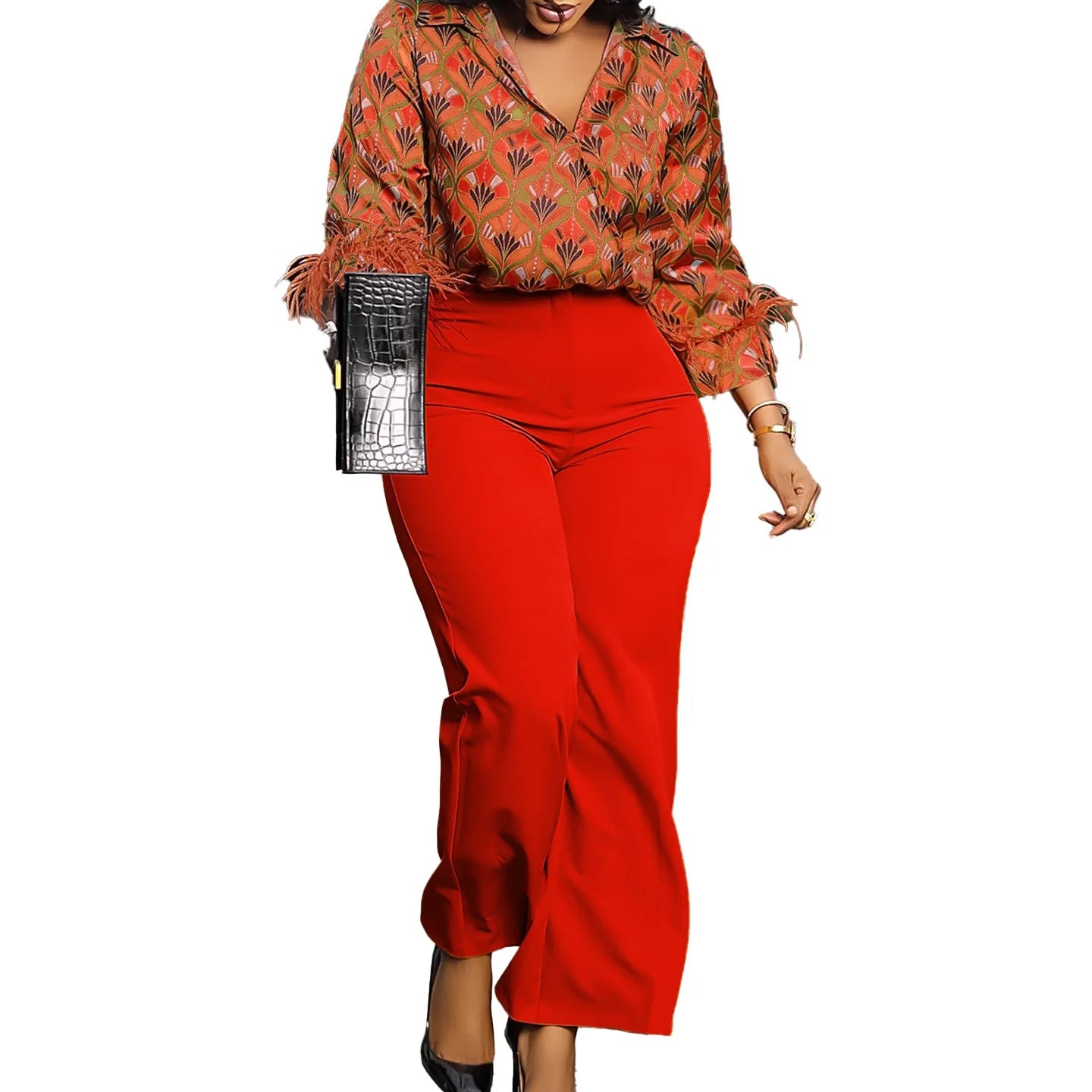 Maxy L-3XL Plus Size Two Piece Sets for Women Clothing Fashion Printing Shirts and Wide Leg Pants Fall Winter African Outfits