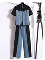 Summer Denim Splice Two-piece Set For Women Collar Jacket Tops And Wide Leg Pants Female Large Size Black White Gray Match Suits