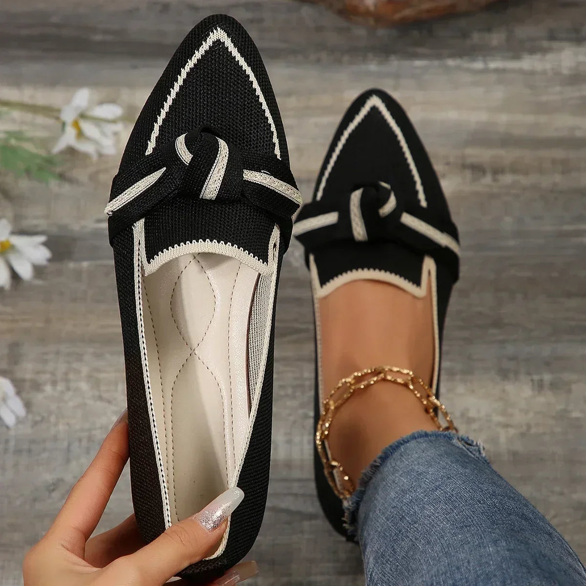Maxy Women Flats New Knitted Slip Breathable Comfortable Solid Color Shoes Casual Pointed Toe Walking Loafers Sneakers women