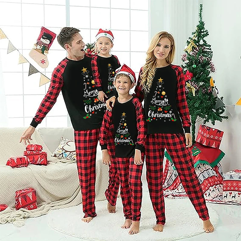 Maxy Christmas Family Pajamas Matching Set Long Sleeve Letter Print T-shirt+Elastic Waist Plaid Pants Sleepwear Loungewear