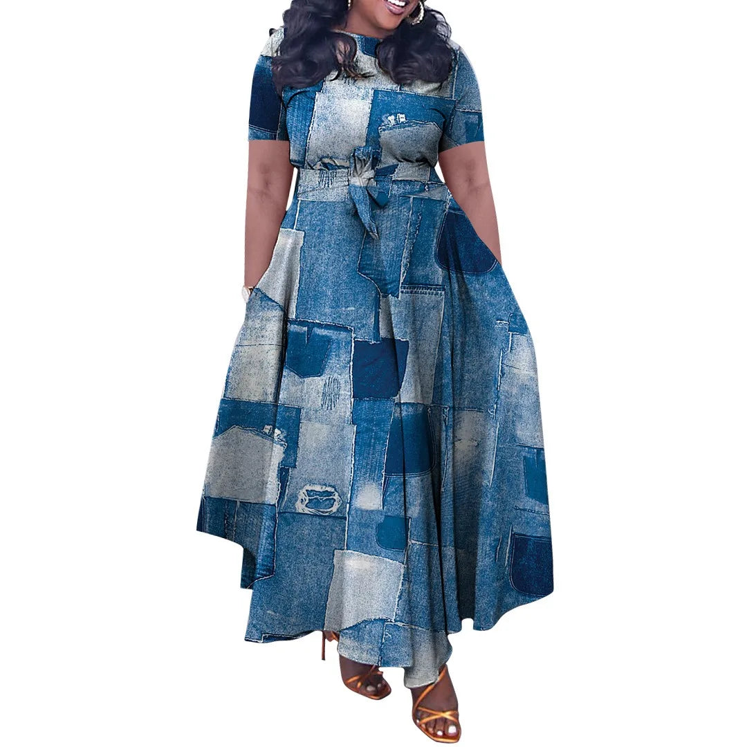 Maxy Plus Size Women's Summer Dress Short Sleeve Tie-Waist Floral Print Maxi Dress Wholesale Dropshipping XL-5X 2025