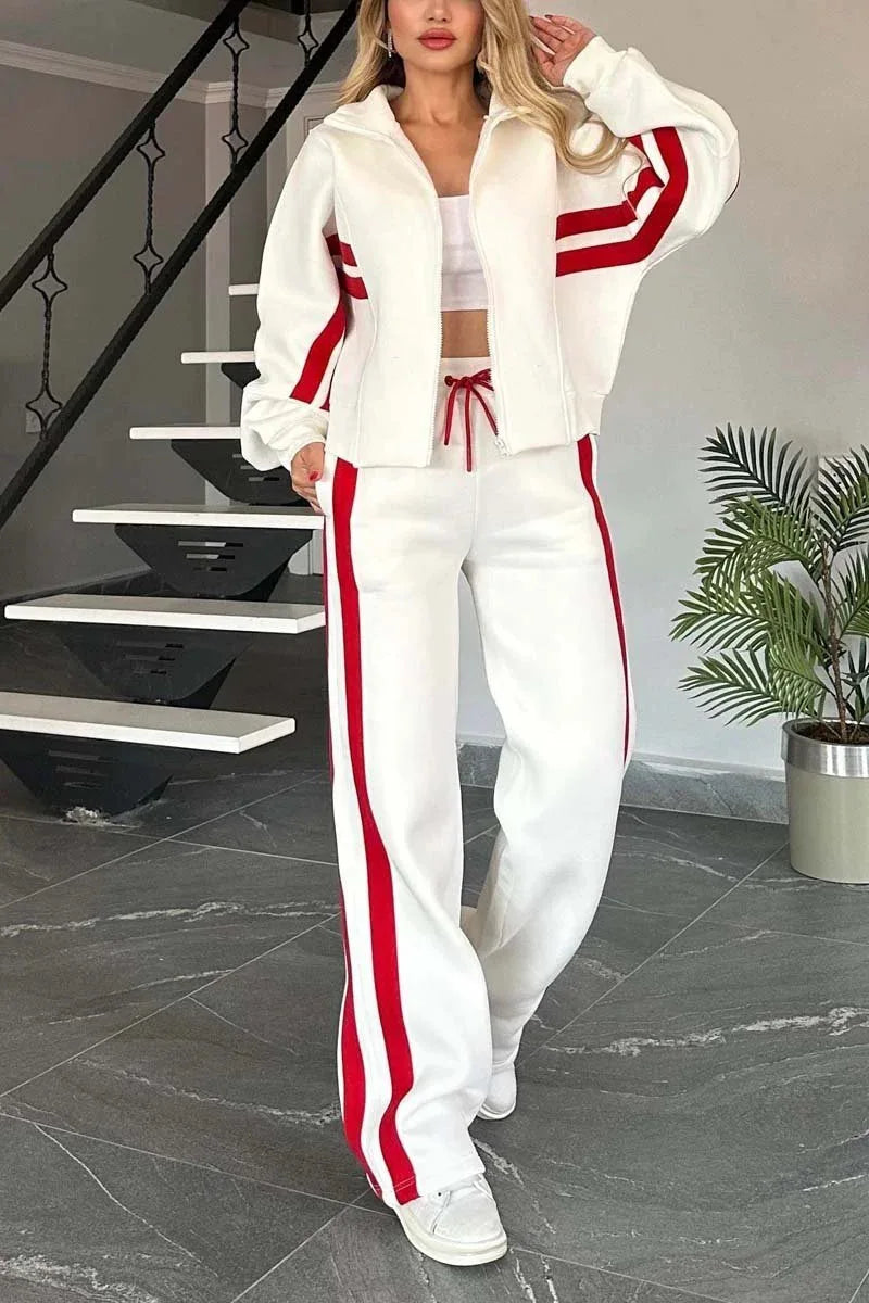 Maxy Fashion Long-sleeved Stand-up Collar Zipper Top + Wide-leg Pants 2-piece Set Women Autumn Striped Splicing Sport Suit Female Y2K