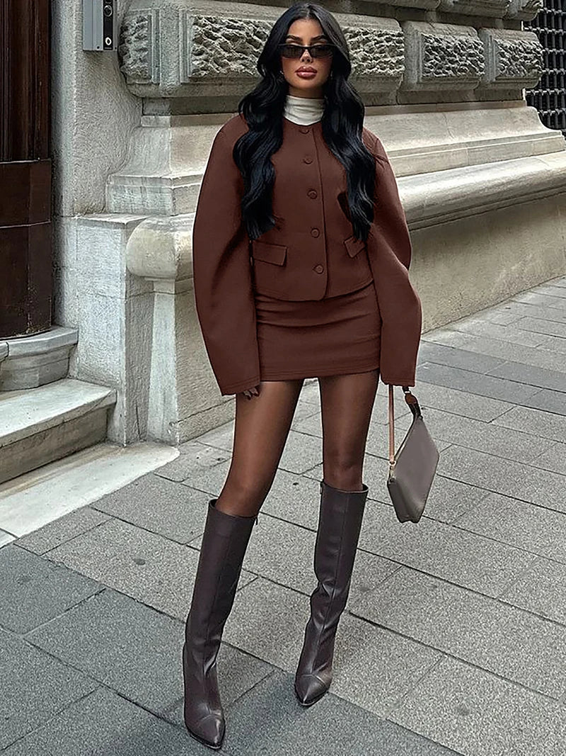 DGLUKE Fashion Mini Skirt Sets For Women 2 Pieces Elegant Woman Suit O-Neck Jacket Coat Skirt Matching Set Winter Outfits