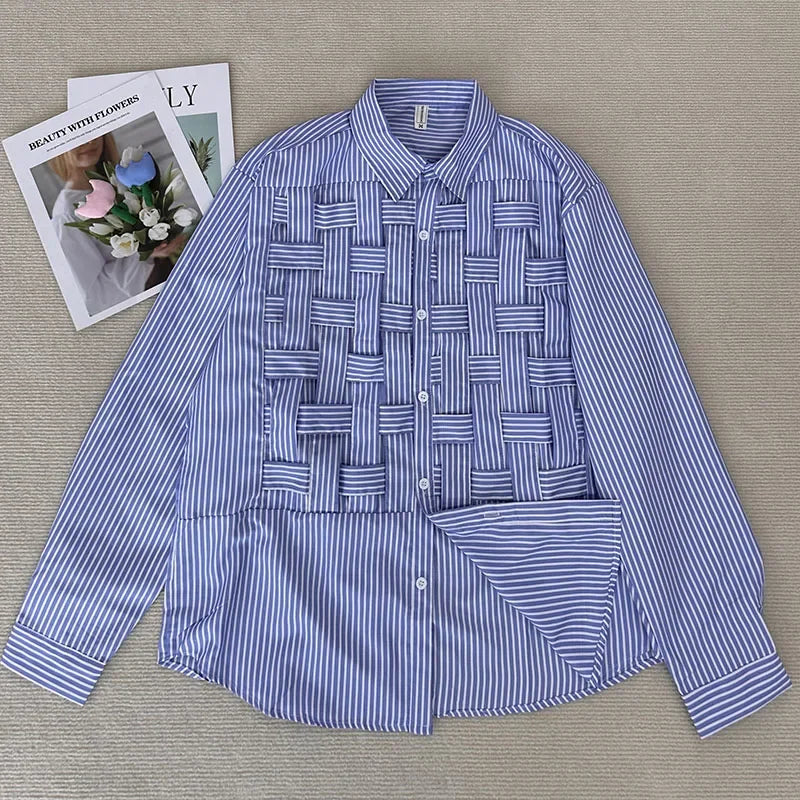 Maxy Women Plus Size Shirt Long Sleeve Blue Hollow Out Polo Collar Blouse Loose Fashion Patchwork Female Shirts Chic Top New