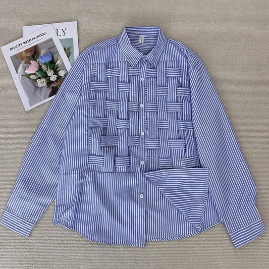 Maxy Women Plus Size Shirt Long Sleeve Blue Hollow Out Polo Collar Blouse Loose Fashion Patchwork Female Shirts Chic Top New