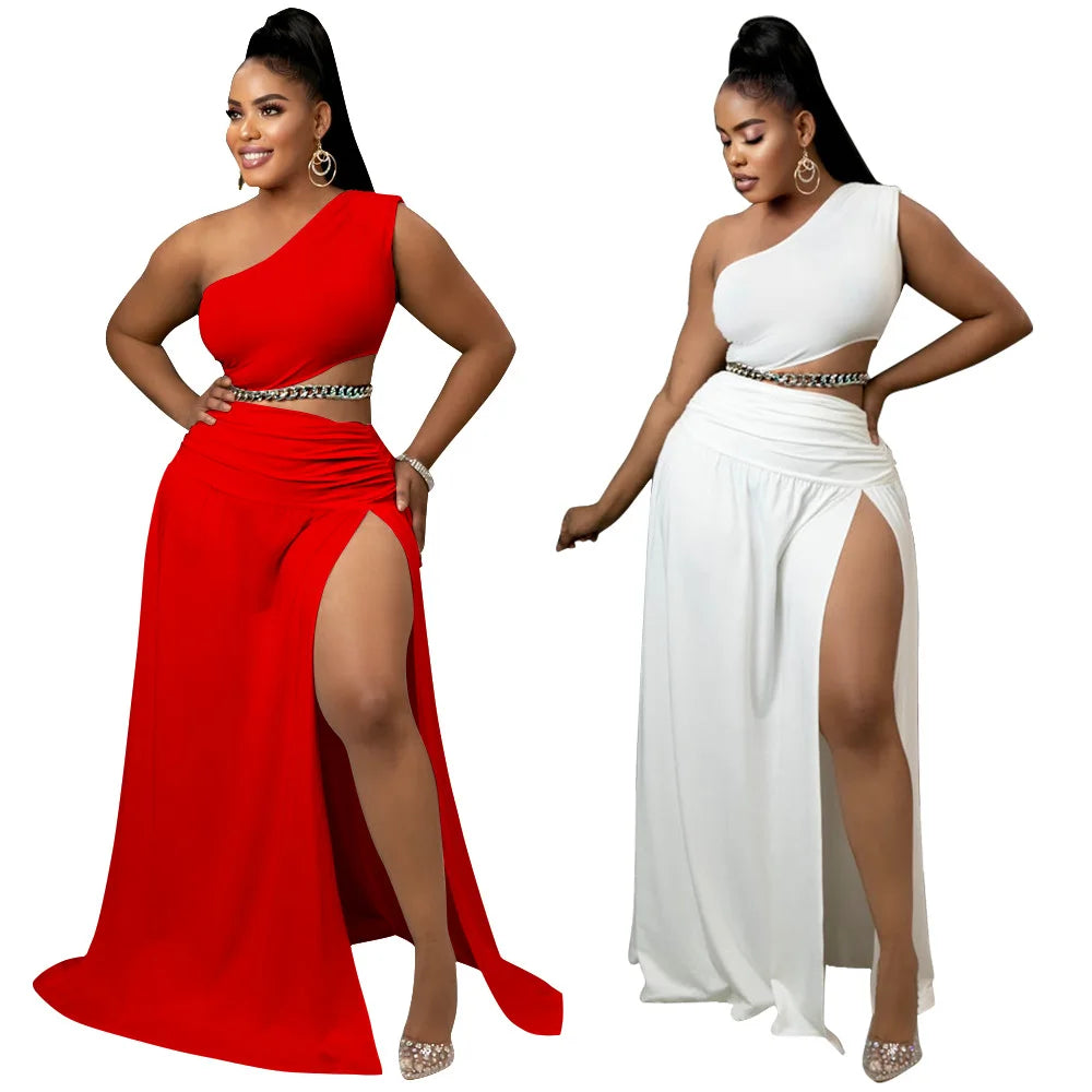 Maxy Women Clothes Set Sexy One Shoulder Crop Top Side Split A Line Skirt Beach Party Two Pieces Set Summer