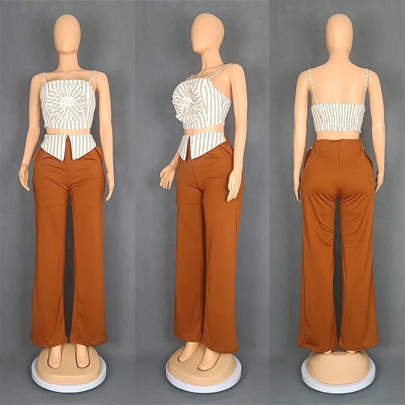 Maxy 2 Piece African Clothes for Women Summer Sexy African Sleeveless Top Long Pant Matching Sets Dashiki African Clothing Outfits