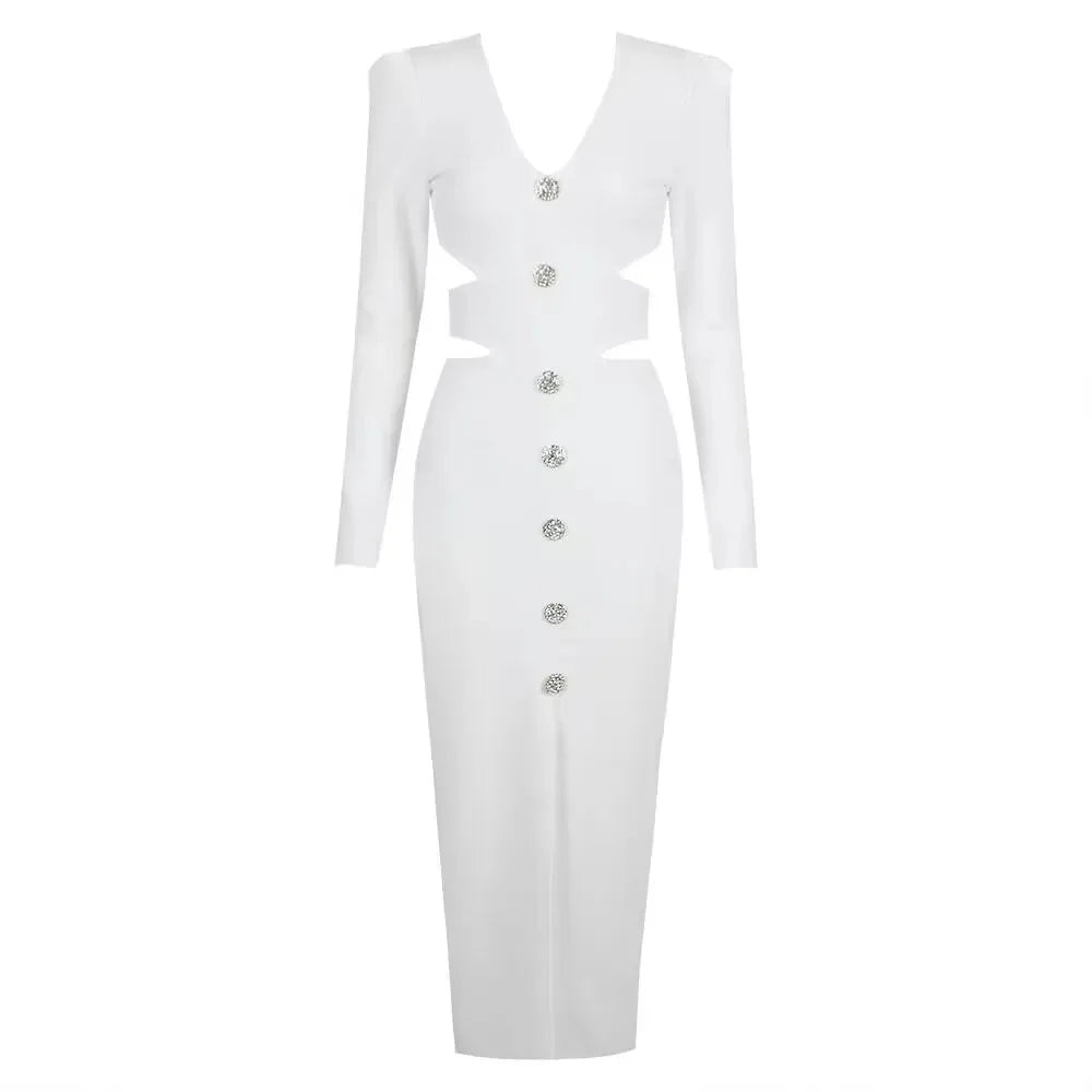Maxy Women's Midi Bandage Dress V Neck Split Cut Out Elegant Bodycon Sexy Fashion Full Sleeve Dresses Club Evening Party Vestidos