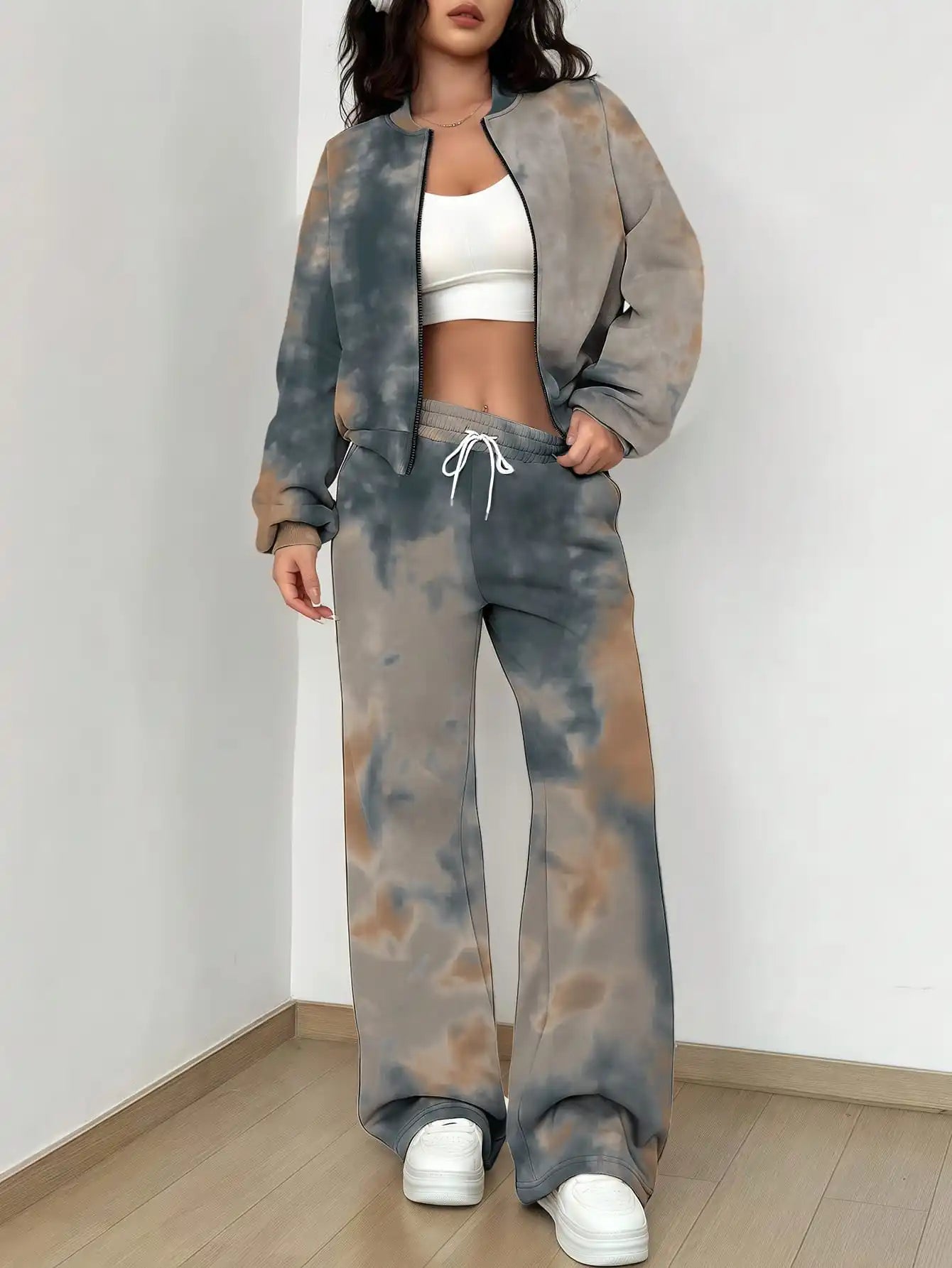 Maxy French Retro Floral Long Sleeved Zipper Jacket and Pants Set, Gentle and Stylish Two-piece Set