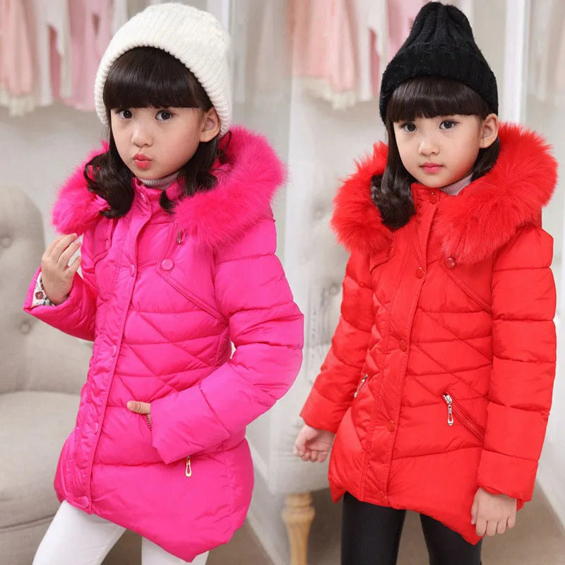 Maxy Kids Cothing Warm Padding Jacket For Girl Long Winter Thicken Parka With Fur Hood Children Outerwear Coats 4 6 8 10Year old