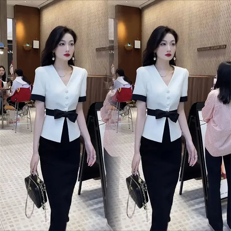 Maxy Slit Midi Office Skirt 2 Pieces Sets for Women Suits Short Sleeve Woman Outfit Festival Stylish Clothing Trend New Arrivals