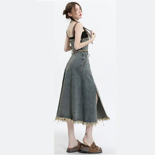 2026 Spring New Vintage Denim Skirt Matching Set Women's Elegant Loose Hollow Knitted Shirt+Sexy Split Dress Two Piece Suit