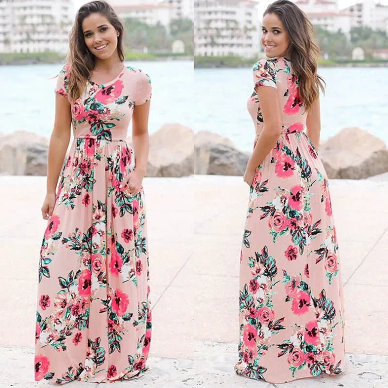 Maxy Women Summer Long Dress Floral Print Boho Beach Dress Ladies White Maxi Evening Party Dress Sundress