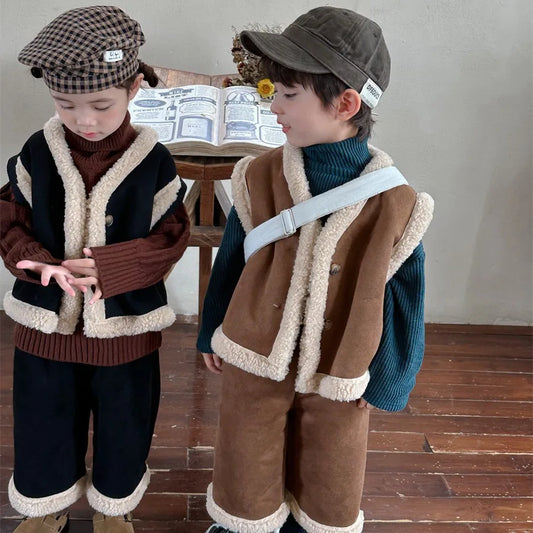 Maxy Children Suits Winter New Lamb Hair Vest Coat Baby Boys Girls Plus Fleece Straight Pants Two-piece Set Korean Simple Style
