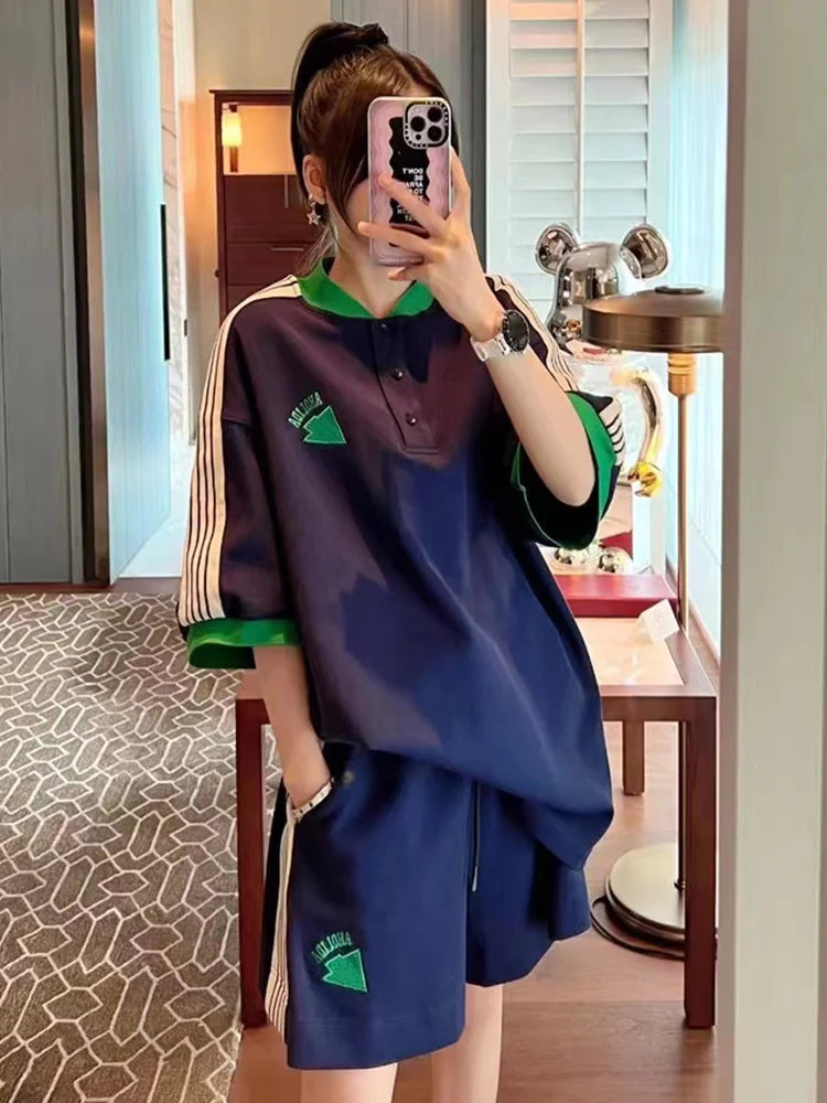 Maxy Navy Loose Side Patch Streetwear Tracksuit Summer Shirts Shorts Pants Embroidery Two Piece Sets Womens Outifits Harajuku Casual