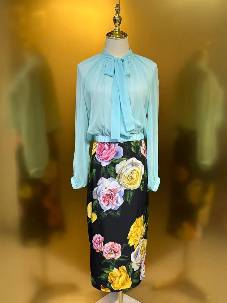 Maxy spring women's new chiffon silk straight shirt two-piece set + high-waisted printed silk wrap hip skirt fashion set