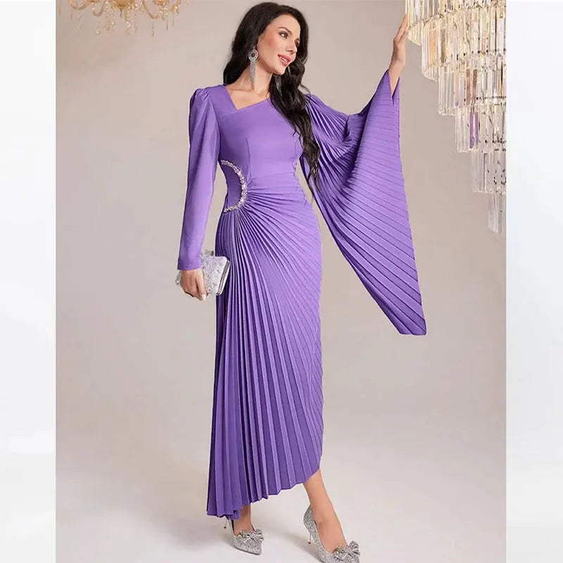 Maxy V Neck Prom Dress Long Sleeves With Ankle Length Evening Dress Women Wedding Party Formal Gowns