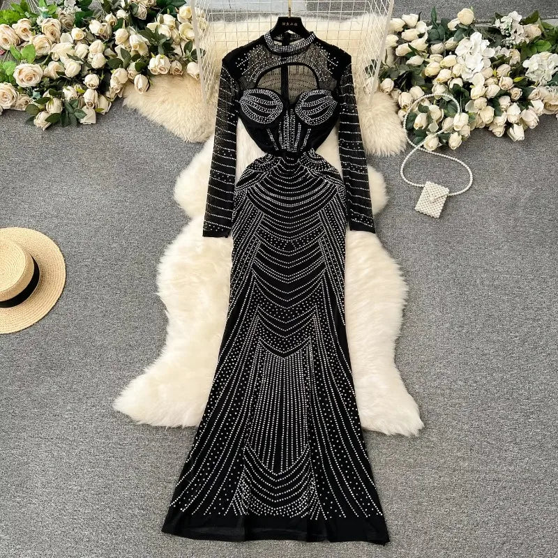 Amay Chic Elegant Long Sleeve Stand Collar Rhinestone Mesh Hollow Out Dresses High Waist Evening Party Women Autumn Ceremonial Dress