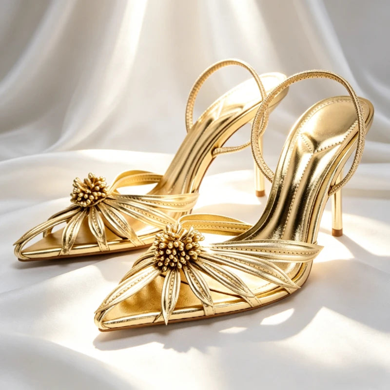 Maxy Luxury Gold Floral Detail Slingback Heels Women Unique Laminated Effect Design Pointed-Toe Heel Sandals Elegant Party Dress Shoe