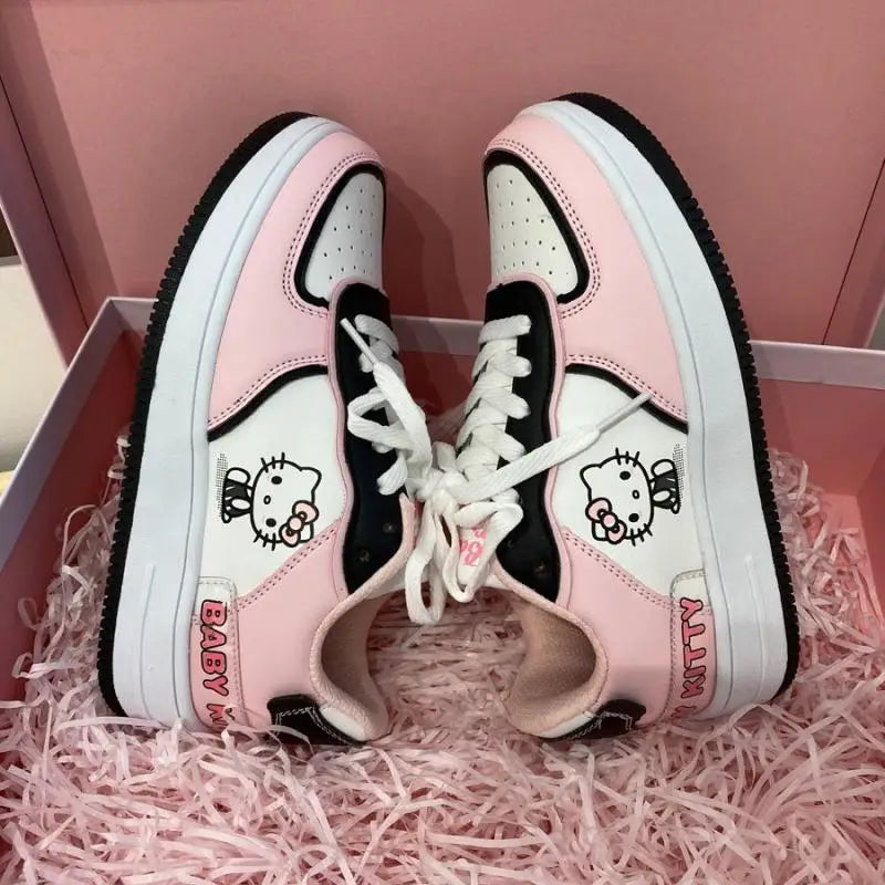 Maxy Cute Hello Kitty Women Sports Shoes Sanrios Leather Board Shoes Anime Kt Printing Sneakers Cartoon Fashion Kawaii Casual Shoes