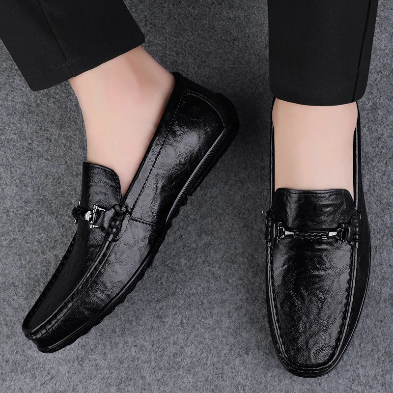 Amay Metal Buckle Brown Loafers Genuine Leather Mens Business Formal Shoes Comfortable Casual Shoes Driving Footwear Breathable Mens