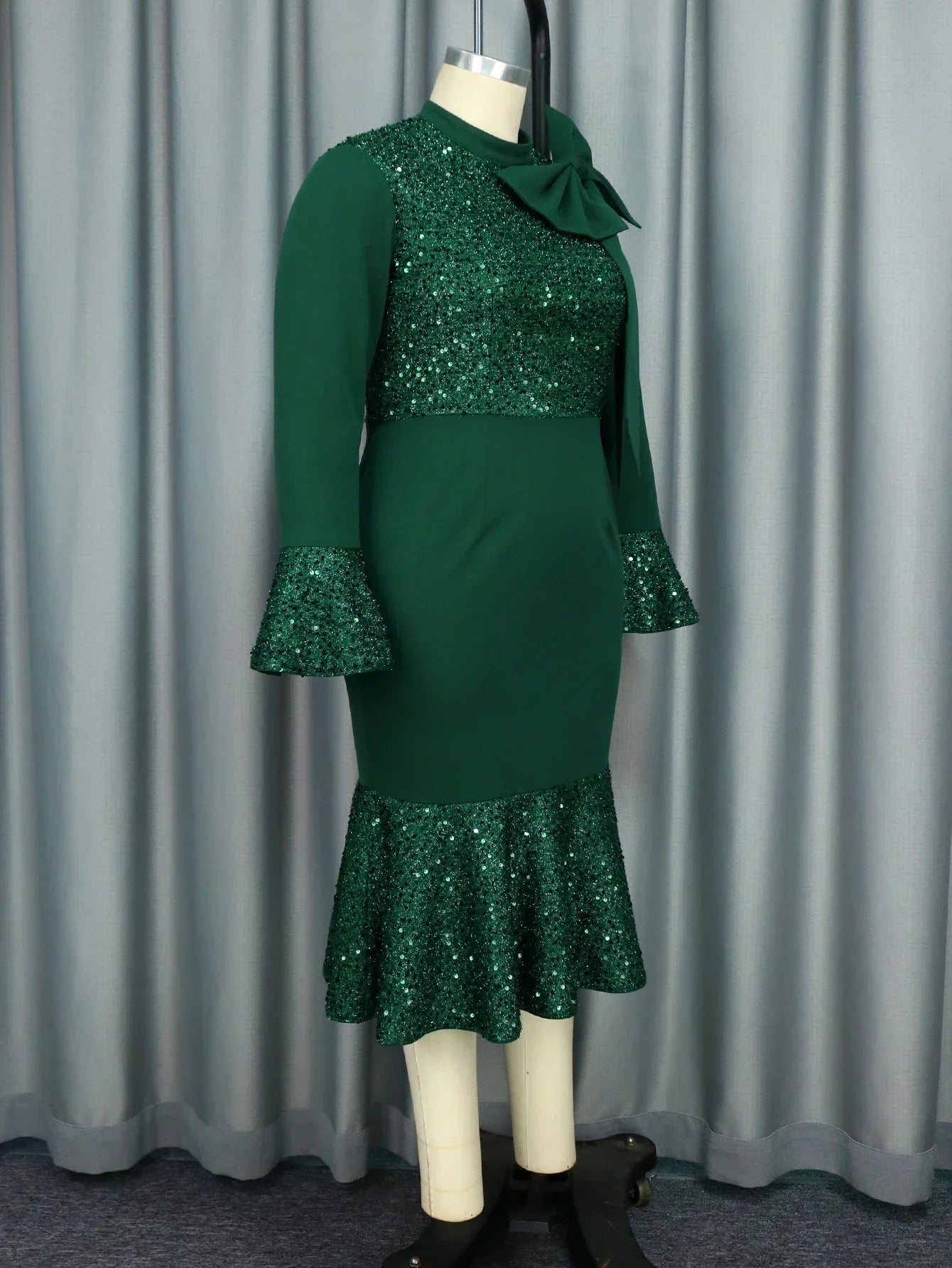 Women Autumn Winter Green Vintage Christmas Party Dress High Neck Bow Long Sleeve Glitter Patchwork Slim Fit Gowns Formal Event