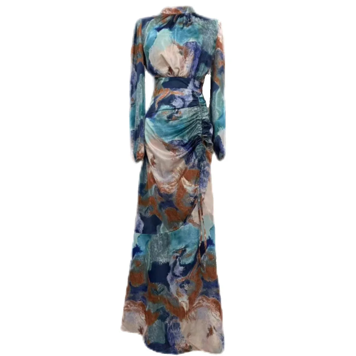 Maxy Women Exotic Floral Printed Muslim Dress Long Skirt with Pleated Waist Spring Fashion Long Sleeve Casual Abayas Dubai Turkey