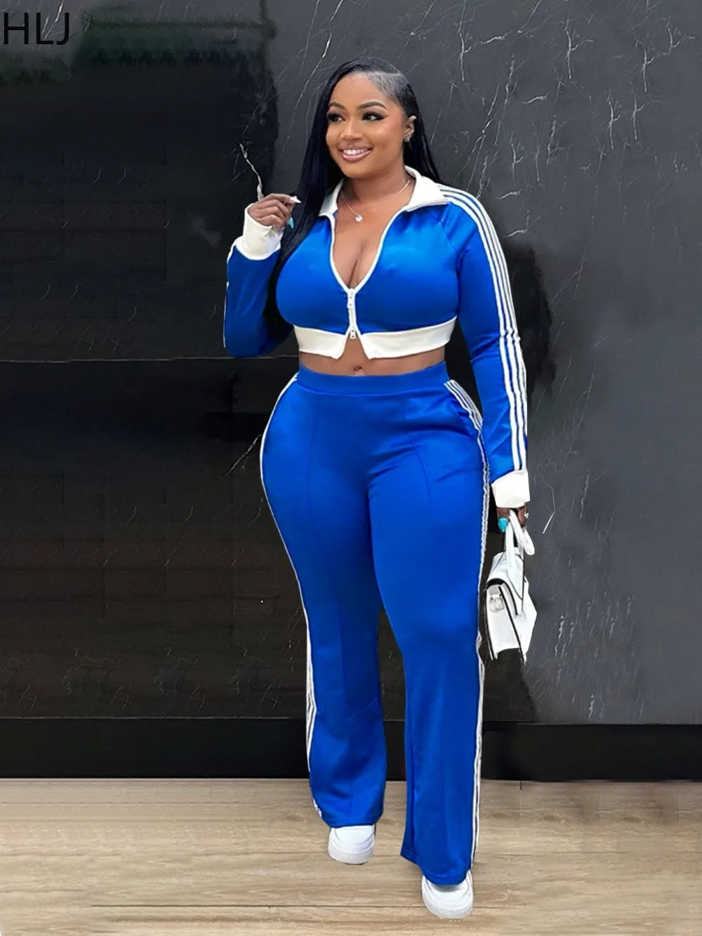 Maxy HLJ Autumn New Patchwork Sporty Two Piece Sets Women Zipper Long Sleeve Crop Top And Pants Outfits Fashion Stripe 2pcs Tracksuit