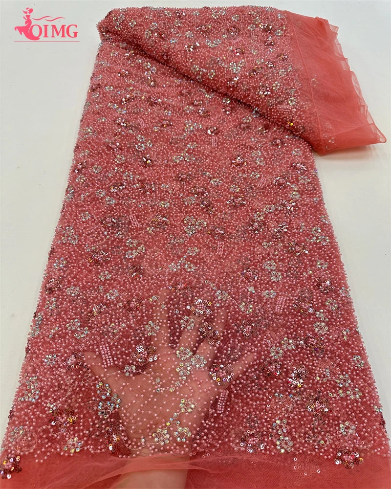 Maxy OIMG African Beaded Lace Fabric for Women, Mesh Lace, Embroidered French Sequins, Sewing Evening Dress, High Quality,