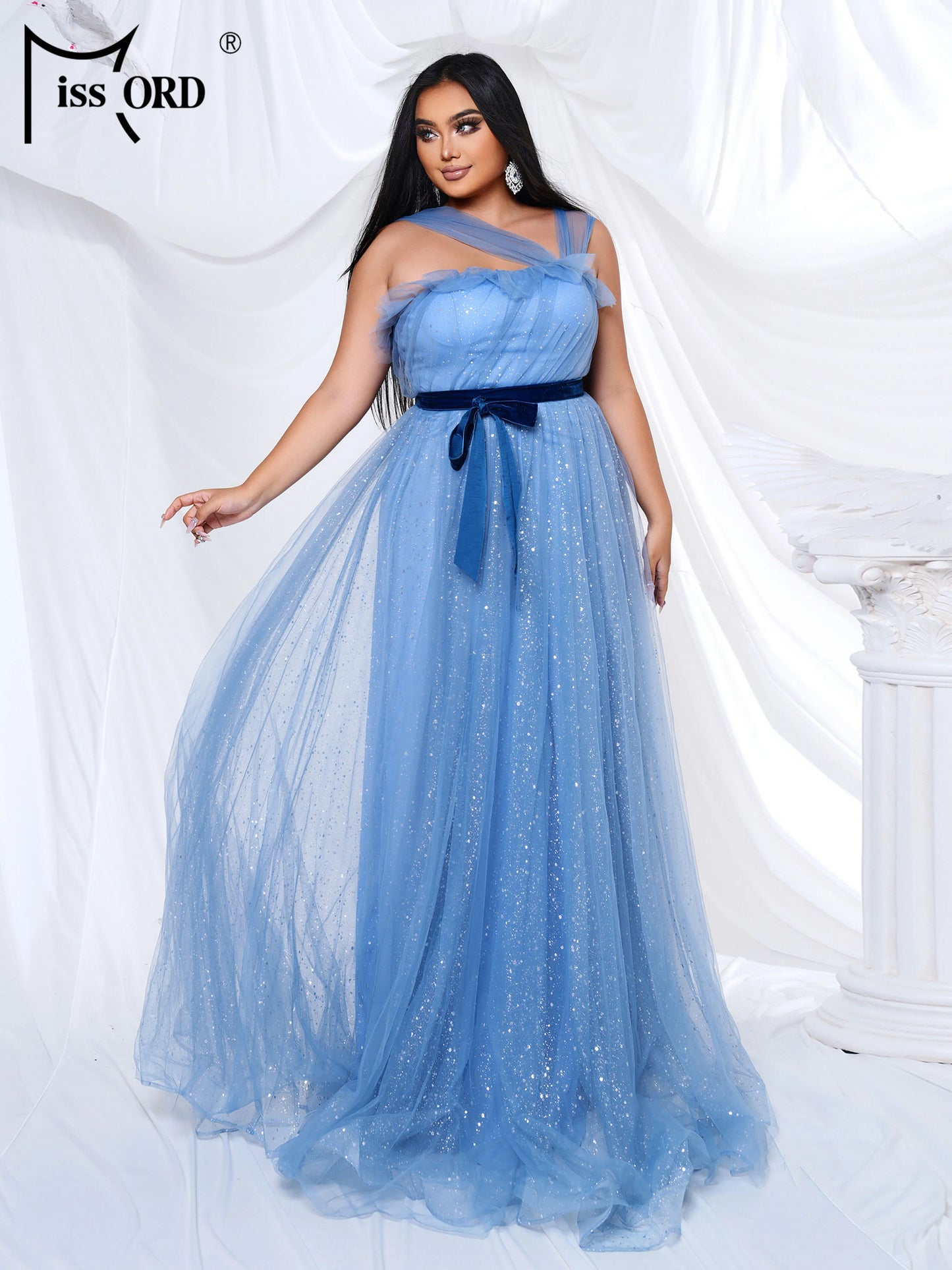 Maxy Plus Size New Blue Off Shoulder A Line Mesh Evening Gown Wedding Bridal Banquet Party Floor Length Prom Birthday Dress