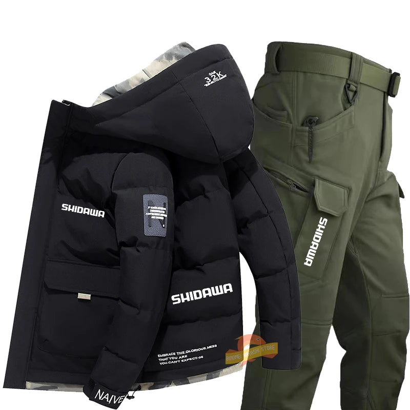 Maxy New Fishing Suit Men Winter Down Clothing Windproof and Coldproof Mountain Climbing Jacket + Waterproof Warm Pants Two-piece Set