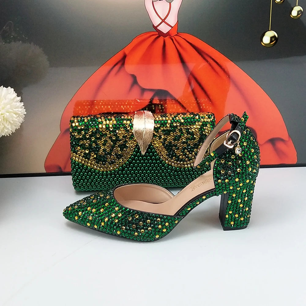 Maxy Green Crystal Bridal Wedding shoes and bag Woman Thin Heel High Pumps Party Evening Shoes Shallow Ankle Strap Buckle shoe