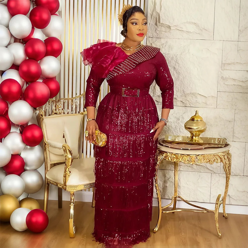 Maxy Plus Size African Party Dresses for Women New Dashiki Tassel Sequin Wedding Evening Gown Elegant Muslim Maxy Dress Outfits