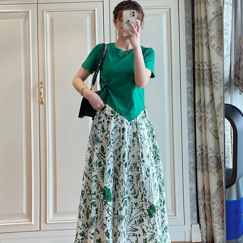 Maxy Women's Summer Chic Print Midi Skirts Green Short T Shirts Two Piece Set New Lady Fashion Pleat Tops Skirt Outfits