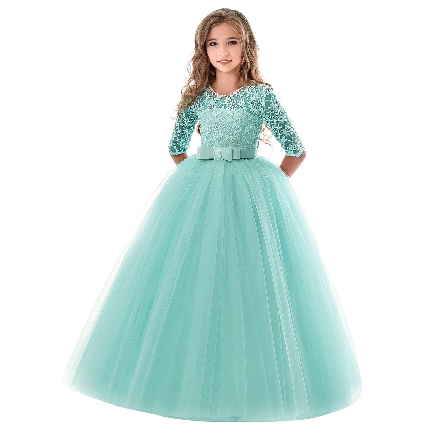 Maxy Girls Lace Embroidered Bow Princess Dress Long Sleeve Tulle Gown For Toddler First Communion Bridesmaid Wedding Birthday Party