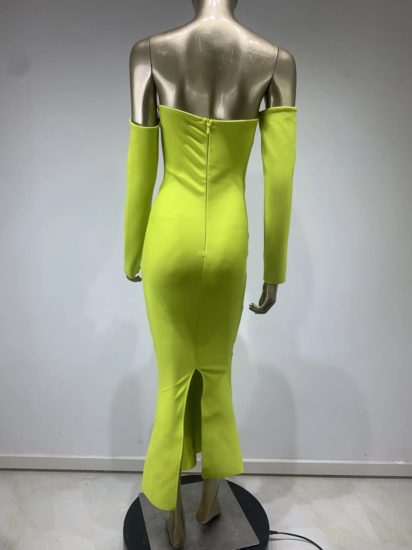 Maxy Neon Bandage Dress Party Evening Elegant Luxury Celebrity Women Off Shoulder Long Sleeve Crystal Long Birthday Gowns
